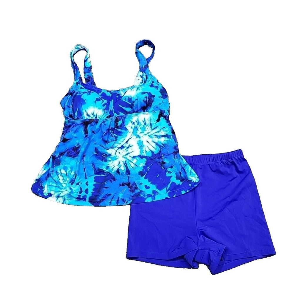 Kim Gravel x Swimsuits For All Printed Tankini Set w Bike Shorts Size 6 Blue